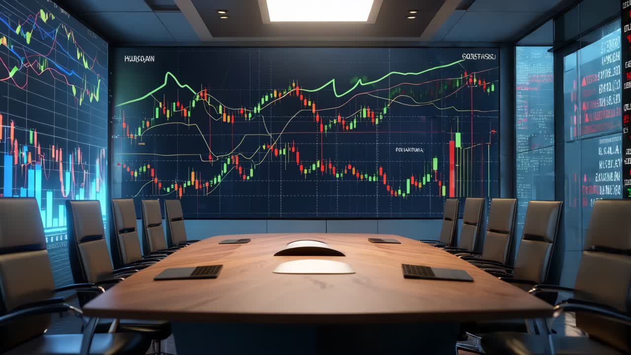 Sala conferenze moderna con grafici finanziari