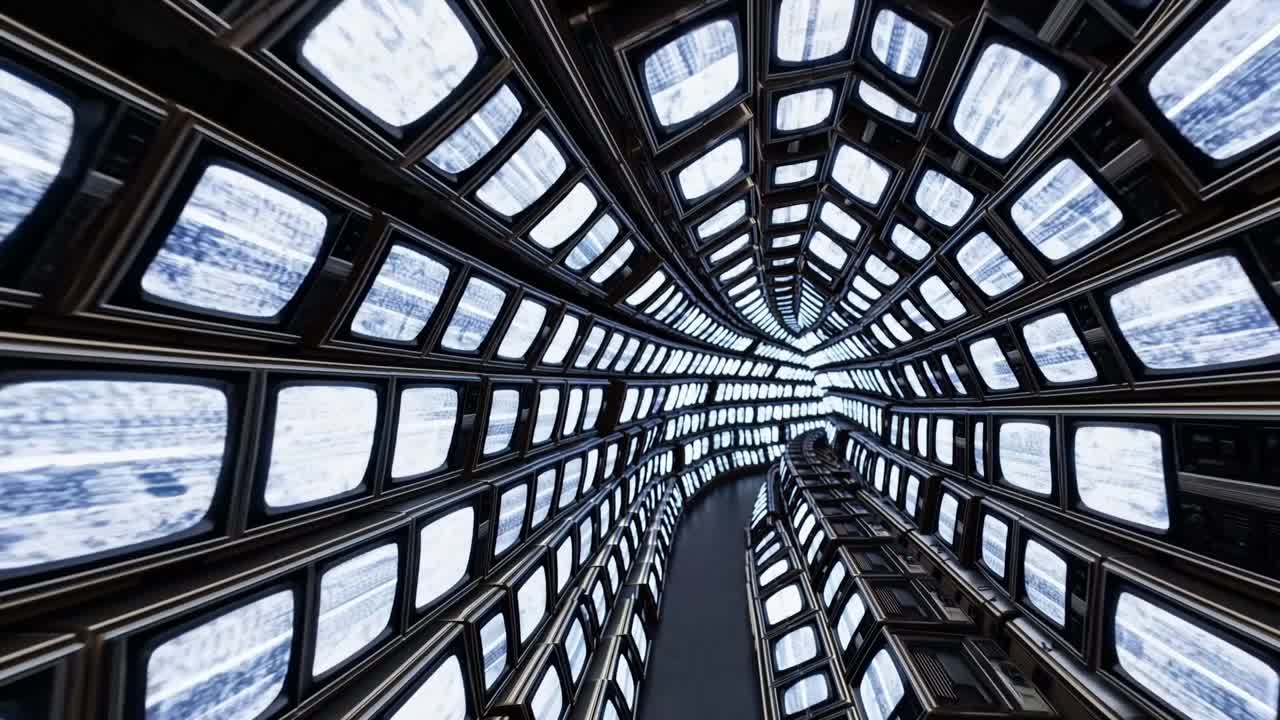 Dynamic tunnel of vintage televisions displays flickering screens, creating a mesmerizing visual flow, illustrating the passage through a surreal digital landscape