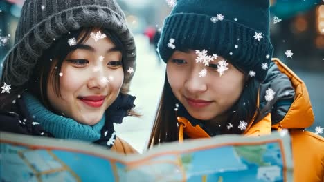 a couple of young women looking at a map in the snow