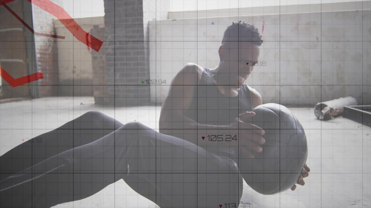 Male athlete initiating Russian twists with legs raised, syncing with fitness analytics charts