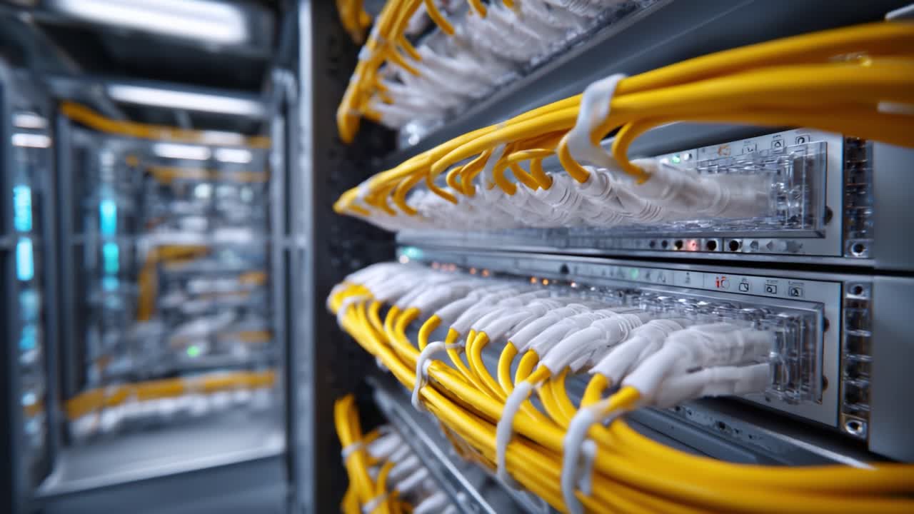 A detailed view of neatly organized data cables connected to servers, showcasing efficient data management and connectivity in a high-tech networking environment