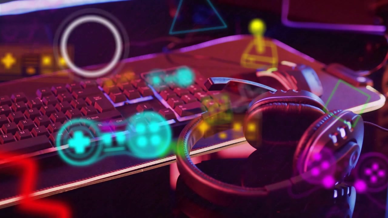 Neon HUD elements appearing and drifting over headset and keyboard, creating immersive AR scene