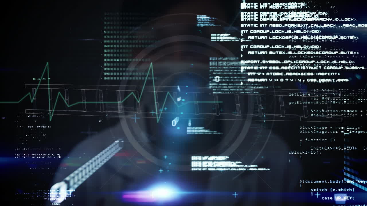 Digital data and heartbeat graph animation over futuristic technology interface