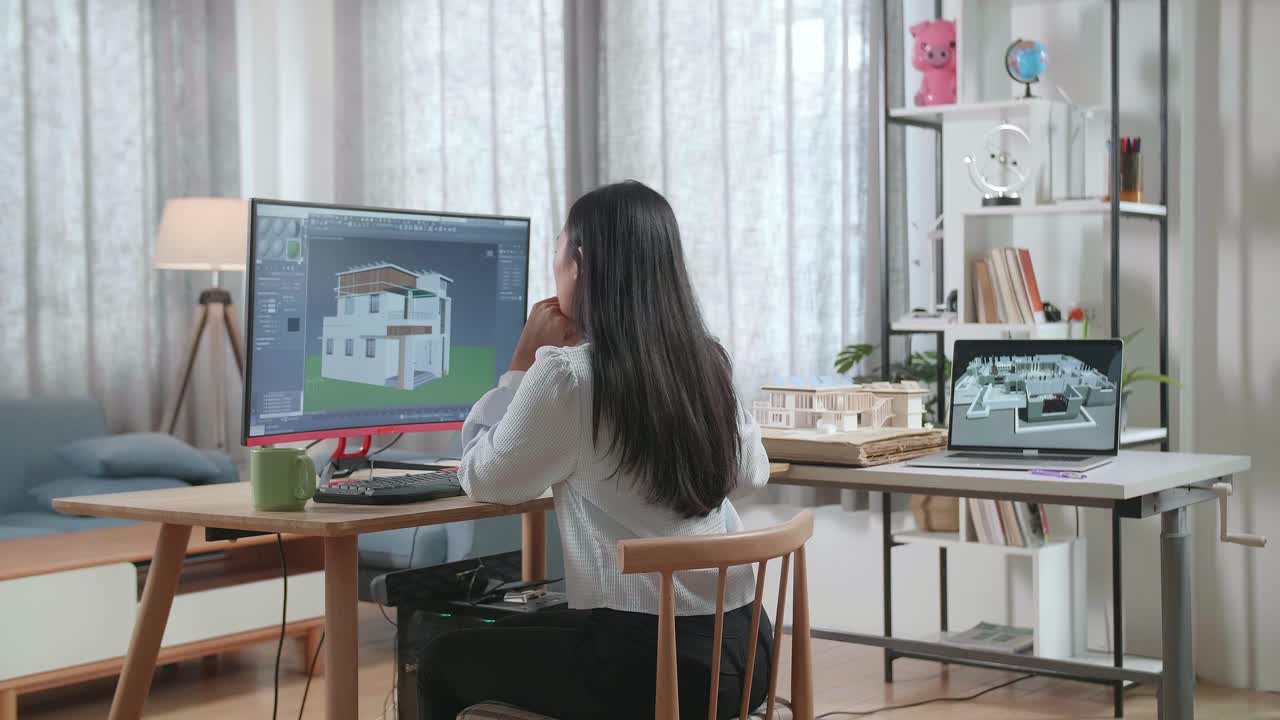 ingegnere donna asiatica che pensa mentre progetta una casa su un desktop a casa. giochi informatici progettazione e decorazione della casa