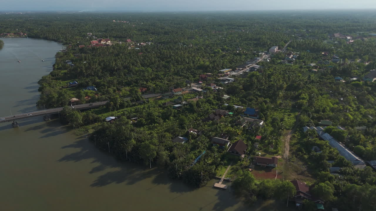 Mae Klong River Canals In The Amphawa Floating Market In Thailand. Aerial Drone Shot
