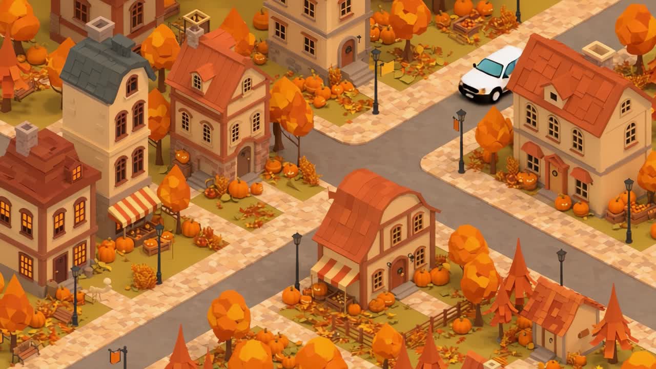 A Charming Autumn Neighborhood Scene Decorated with Pumpkins and Vibrant Fall Foliage, Showcasing Quaint Houses and a Cozy Atmosphere in a Peaceful Setting
