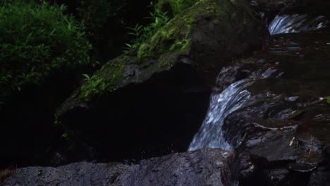 Nahaufnahme-Eines-Kleinen-Wasserfalls-Im-Tiefgrünen-Regenwald-An-Bewölkten-Tagen---Spritzendes-Wasser,-Das-In-Den-See-Fließt