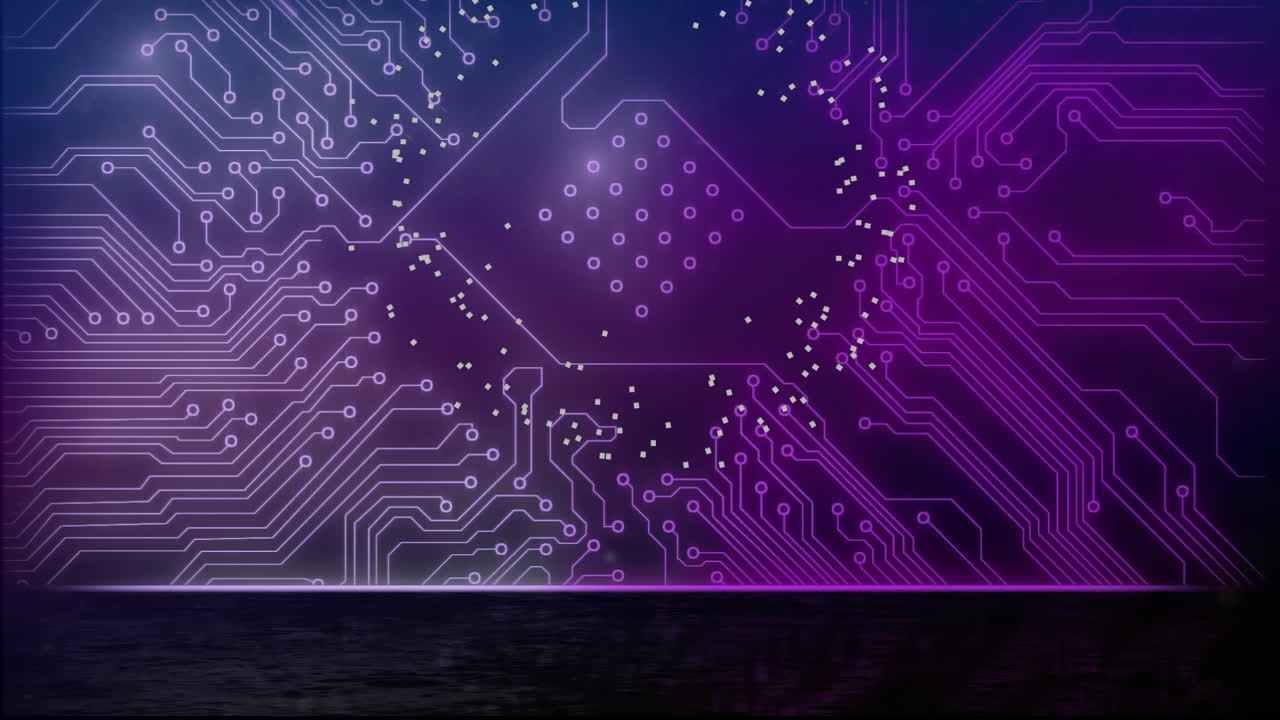 Animation of multiple white dots floating and spinning over a purple microprocessor connections.