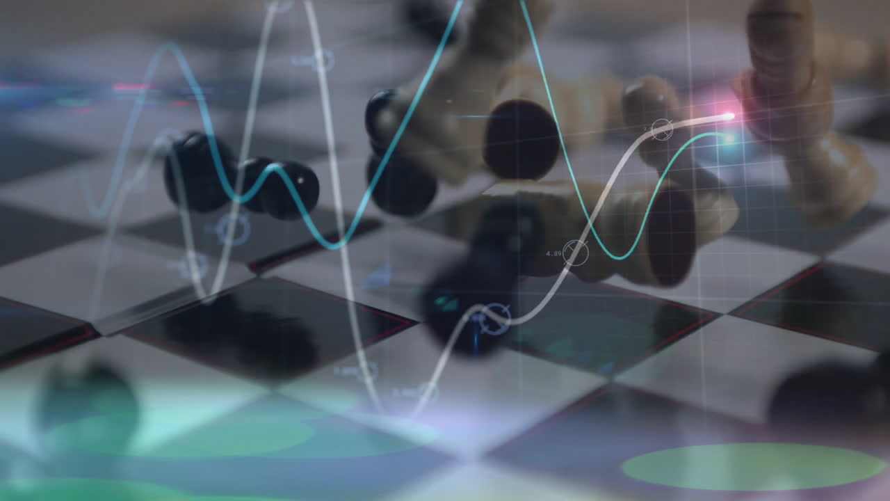 보드에 떨어지는 체스 조각에 대한 데이터를 처리하는 그래프의 애니메이션