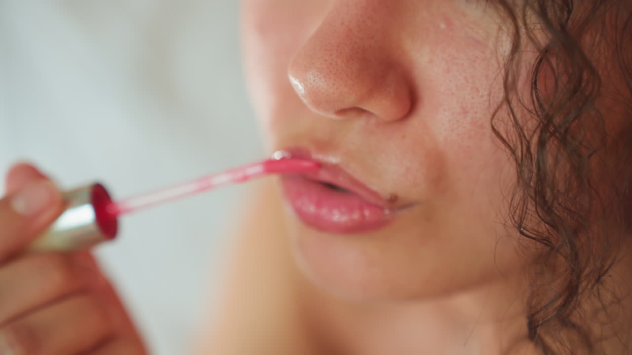 Beauty lips shine. Closeup of lips with glossy shine. Sensuous facial shot showing shiny lips and curly hair. Detailed tutorial on applying lip gloss with soft bed background and pink hues