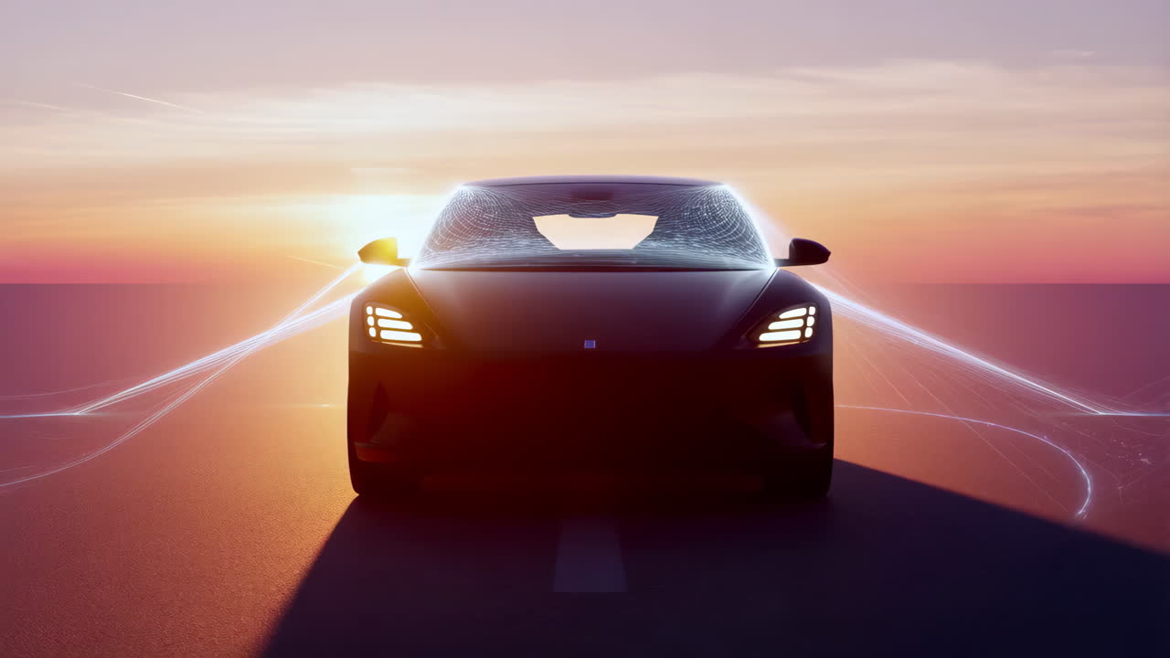 Futuristic Electric Car on a Road with Digital Light Trails at Sunset