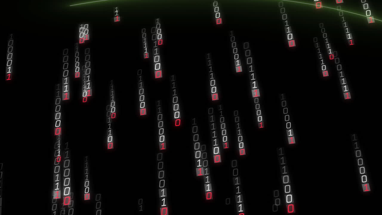 Falling binary code animation over black background, resembling digital rain