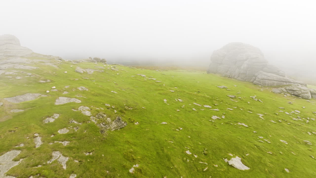 Misty Highland Landscape with Sheep and Rocks