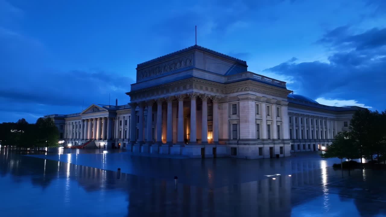 Grand Classical Building with Reflections on Wet Ground at Dusk