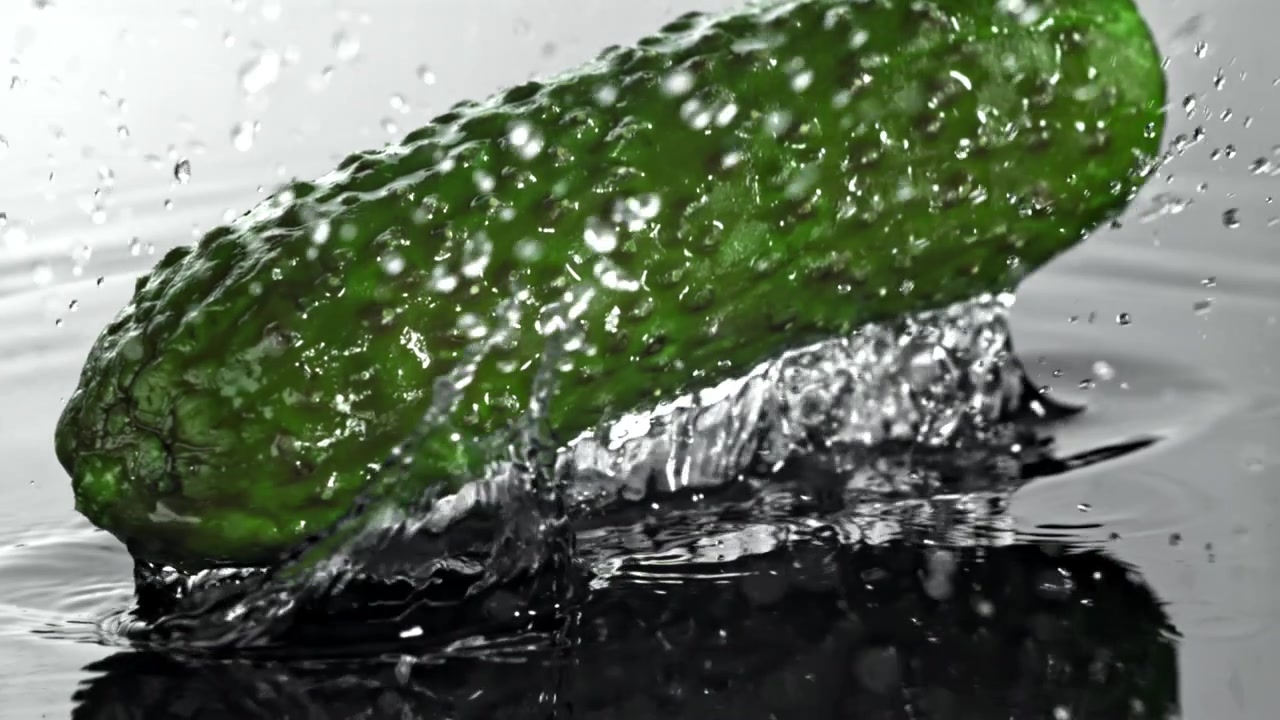Fresh Green Cucumber Splashing into Water in Slow Motion