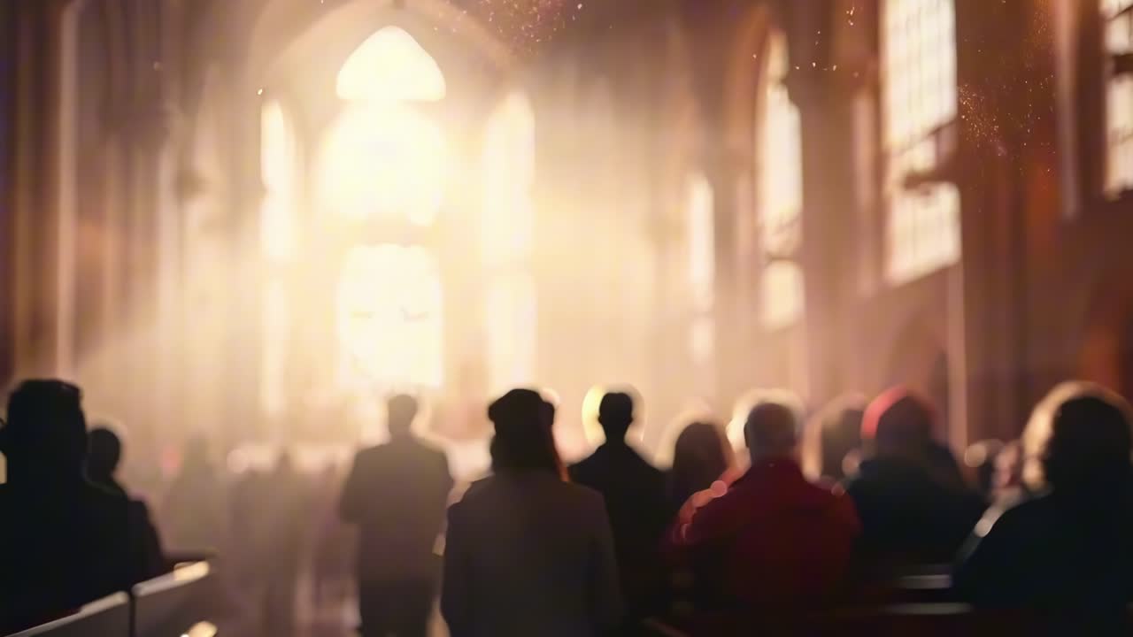 A video captures a congregation in a church with a soft focus