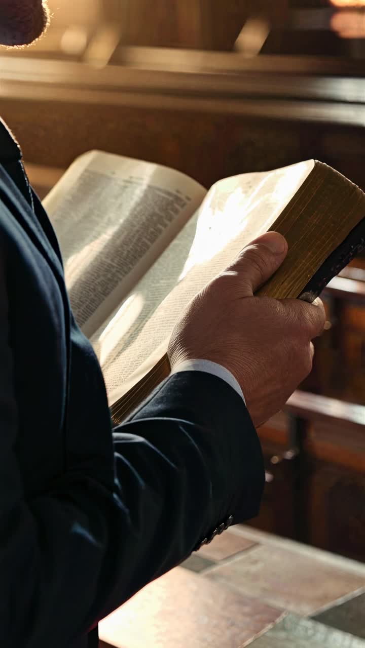 Close-up, low-angle shot of a person in a suit holding an open book, capturing a contemplative