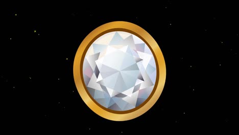 Animation-of-cut-diamond-in-gold-ring-setting-over-white-stars-moving-on-black-background