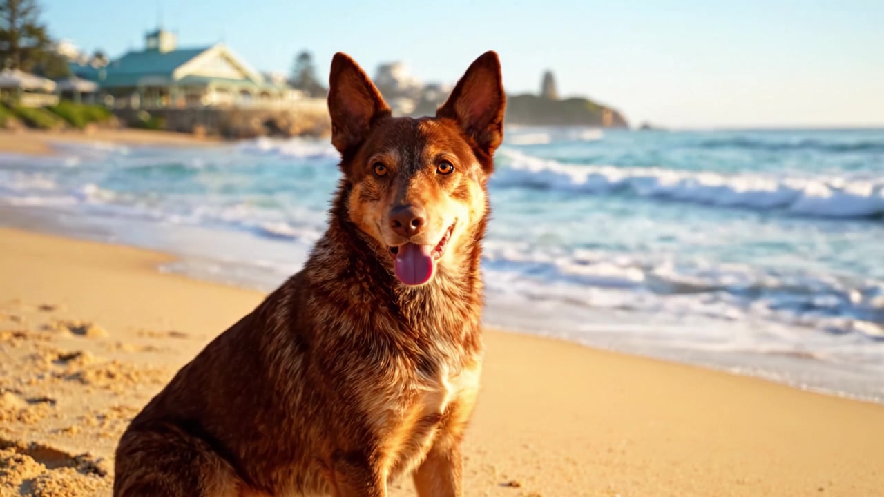 Um lindo cão desfruta da tranquilidade da praia ao pôr do sol, observando as ondas quebrarem com uma expressão calma e pacífica no rosto