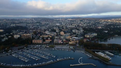 Jib drone shot of Eole Sculpture and Ouchy Port in Lausanne Switzerland