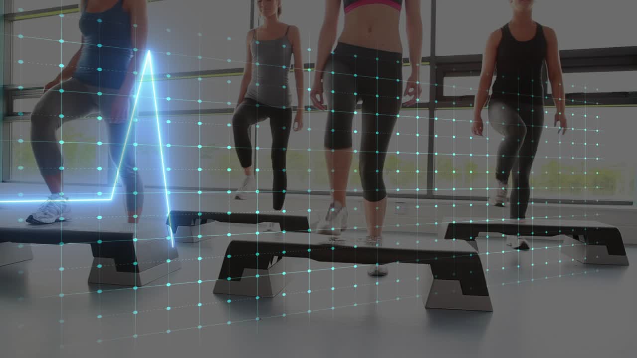 On cue four women performing step routine for fitness, ECG waveform pulsing with steps, dotted-grid