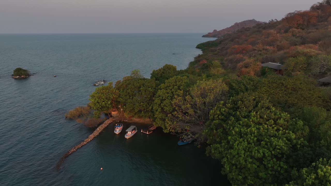 Pan right view of Nankoma Island. Lake Malawi, Malawi.