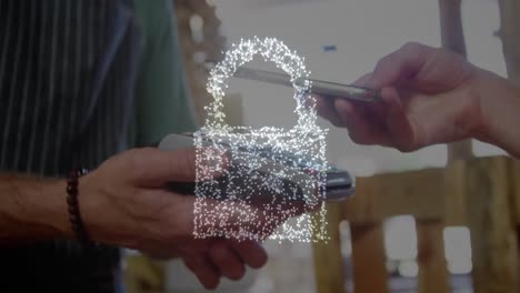 animation of network security padlock over people using payment terminal