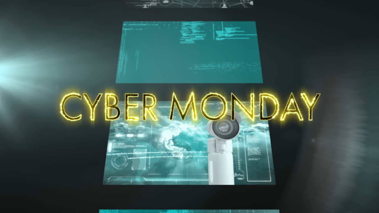 animación digital del texto de cyber monday contra múltiples pantallas con procesamiento de datos