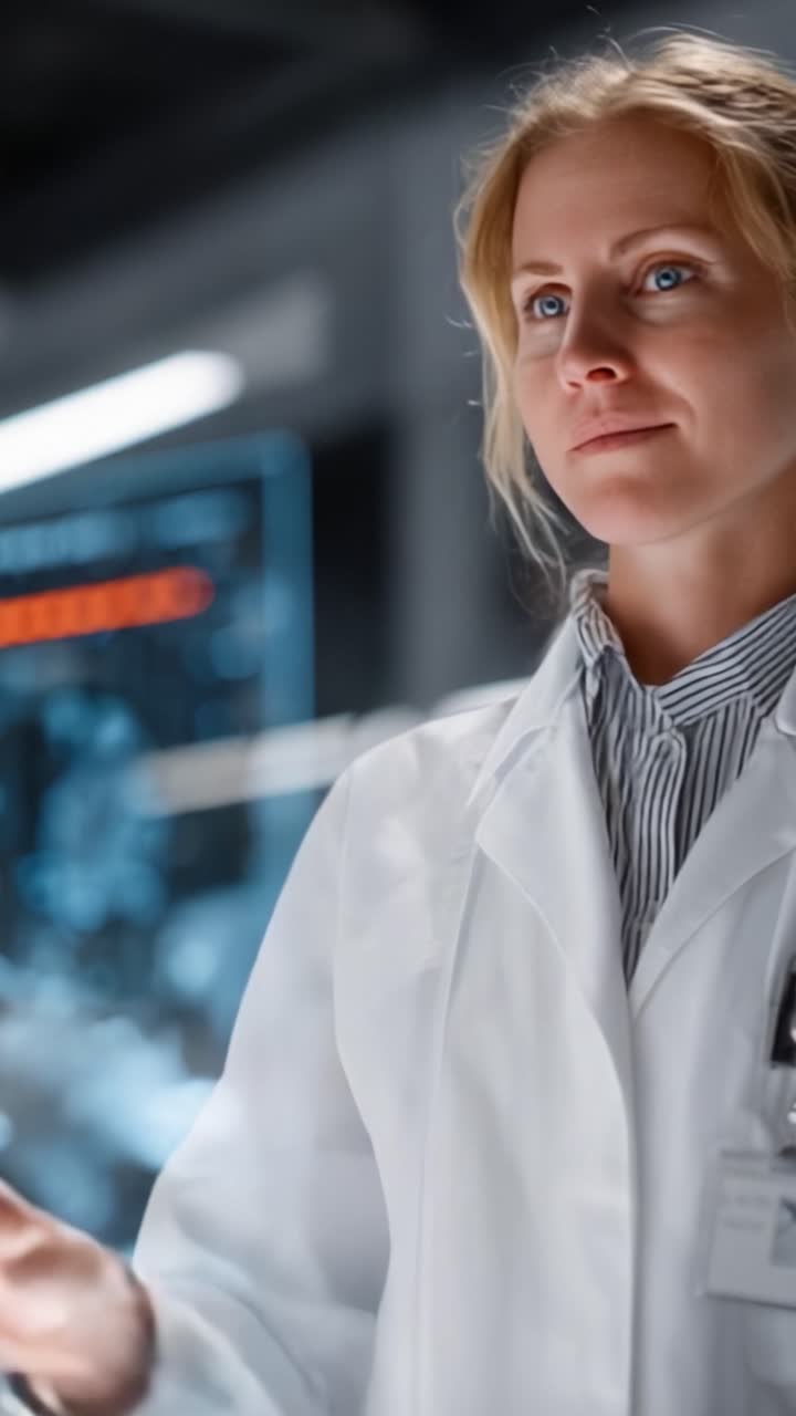 Una scienziata determinata analizza dati e conduce ricerche in un laboratorio moderno, dimostrando impegno verso l'innovazione e la scoperta nel suo campo.
