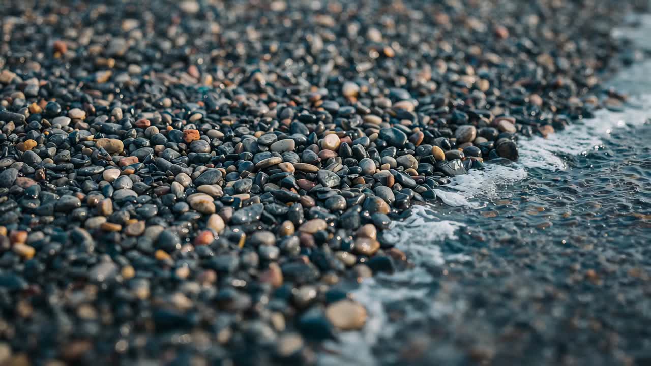Ondas espumosas quebrando sobre seixos arredondados na costa, molhando as pedras e as fazendo brilhar