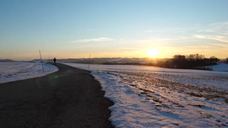 Person walking on a road during sunset in a snowy winter landscape