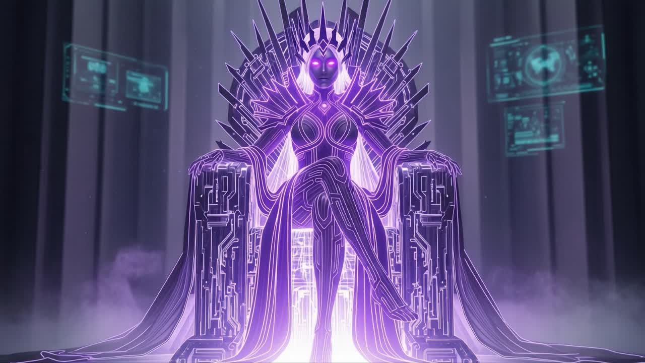 A majestic digital monarch radiates an ethereal glow while seated on a high-tech throne, surrounded by holographic data and advanced circuitry in a futuristic realm
