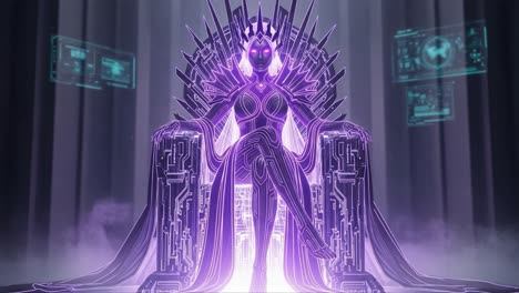 a majestic digital monarch radiates an ethereal glow while seated on a high-tech throne, surrounded by holographic data and advanced circuitry in a futuristic realm