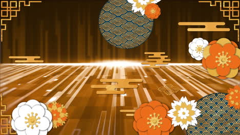 animation of orange flowers over moving stripes