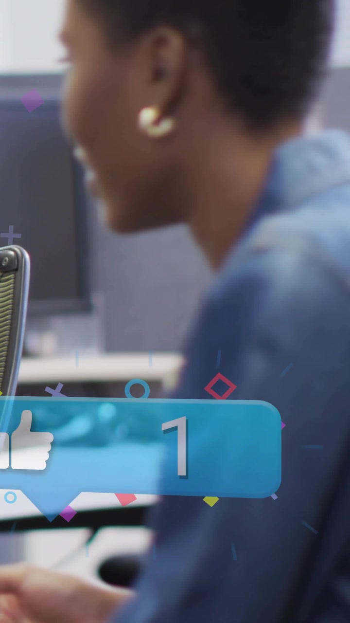 Vertical video: Businesswoman holding phone, reacting as blue badges and chat icons counting down
