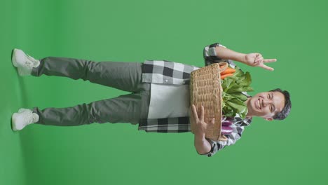 cuerpo lleno de granjero masculino asiático con canasta de verduras mostrando gesto paz y sonriendo mientras está de pie en la pantalla verde en el estudio