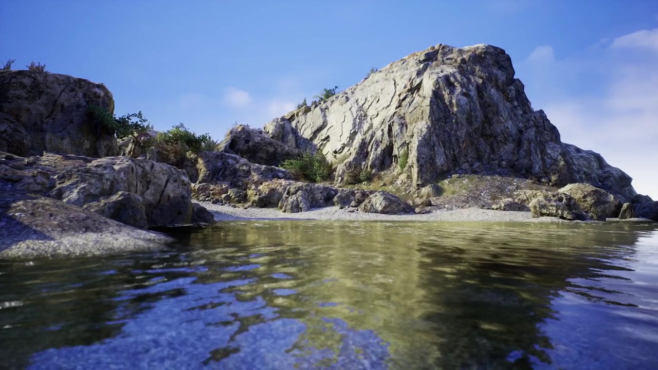 Paesaggio tranquillo che mette in risalto scogliere luccicanti e delicati riflessi sull'acqua