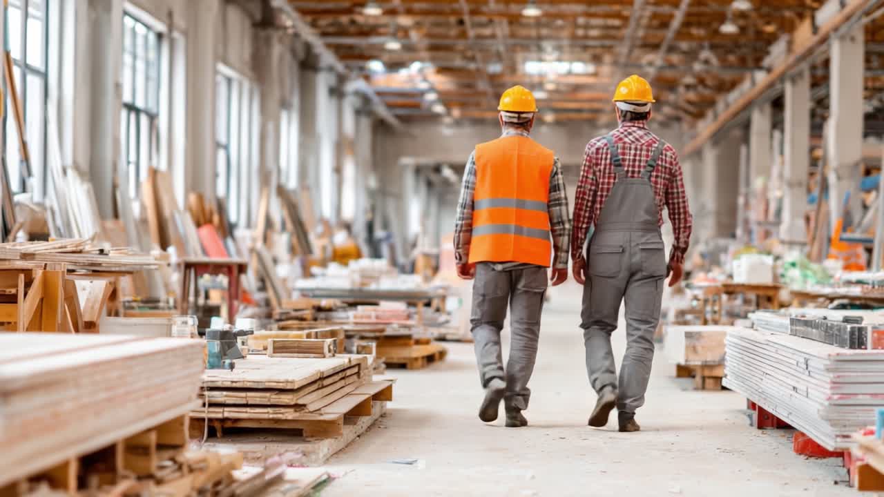 Two Construction Workers Walking in a Busy Warehouse Environment, Wearing Safety Helmets and Reflective Gear While Surrounded by Building Materials and Tools