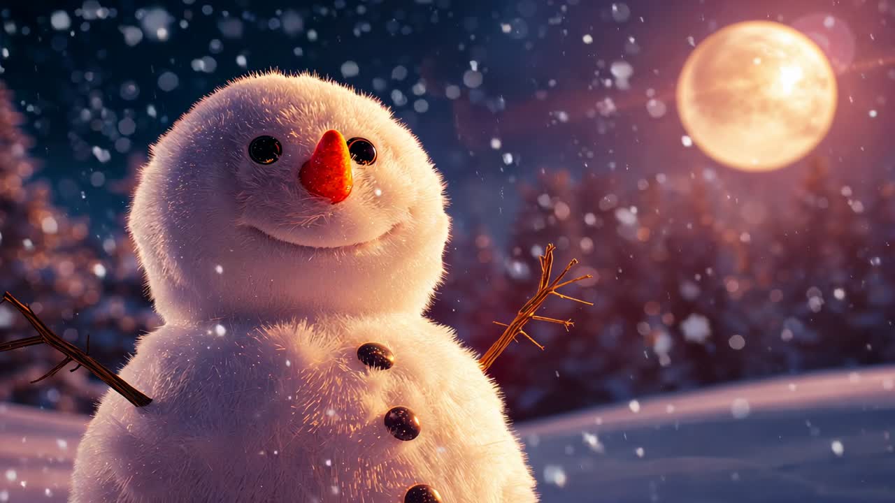 Zooming camera reacting to rising full moon, lowering angle in snowy clearing, focusing on snowman