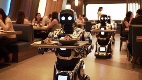 advanced automation in dining: robots serving meals in a futuristic restaurant setting with patrons enjoying their experience