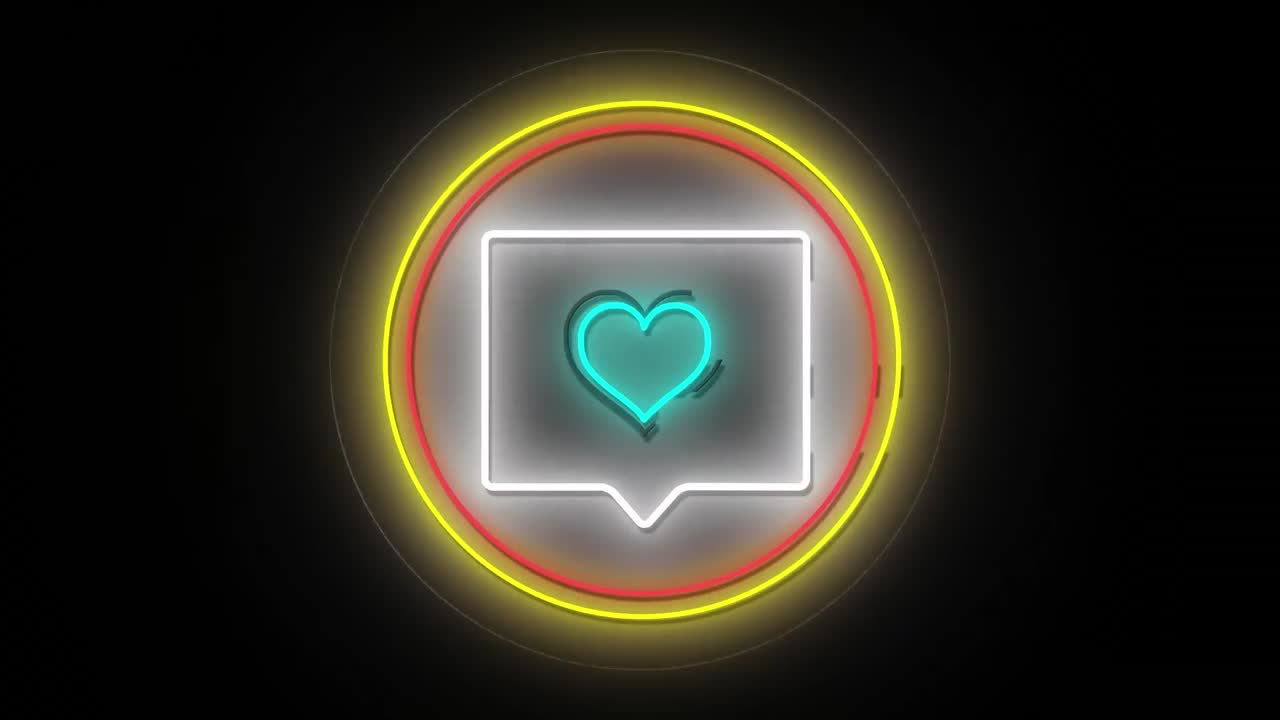 animación de corazón de neón azul en burbuja de habla y anillos de carga de datos parpadeantes en negro