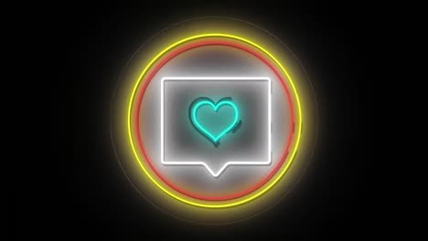 animación de corazón de neón azul en burbuja de habla y anillos de carga de datos parpadeantes en negro