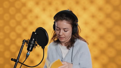 mujer con auriculares en el comienzo del trabajo, narrando libro palabra por palabra