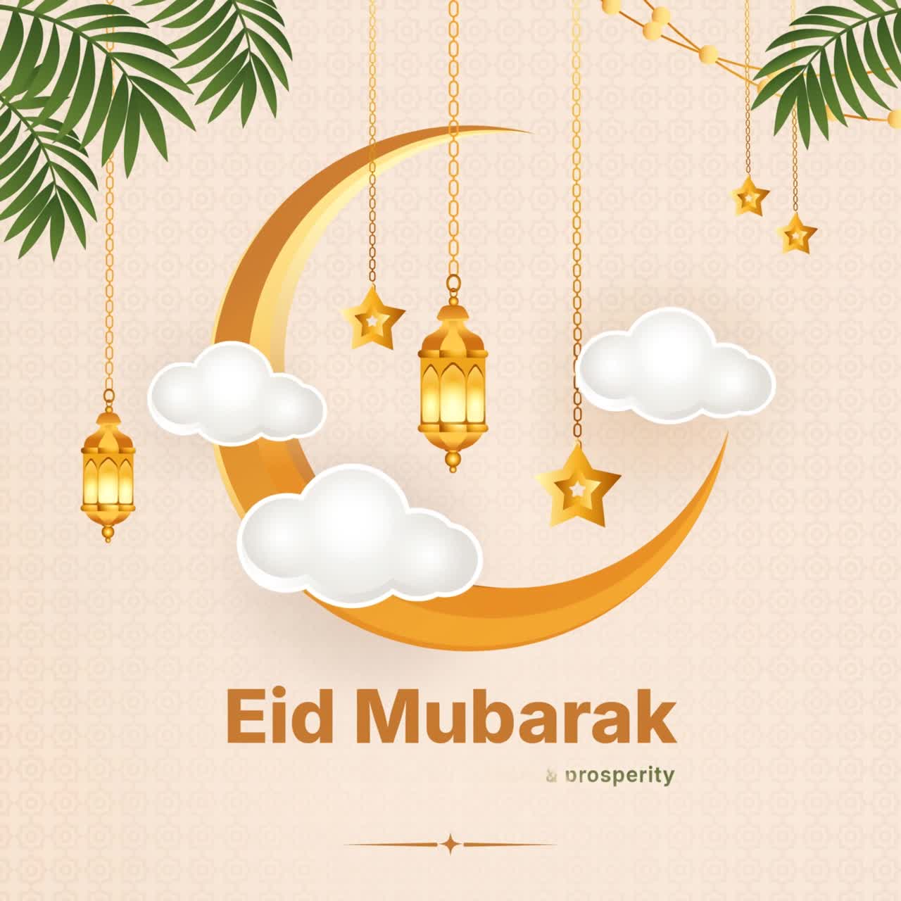 Animazione per post sui social media di auguri Eid Mubarak con nuvole, lanterne a mezzaluna su sfondo a motivi beige
