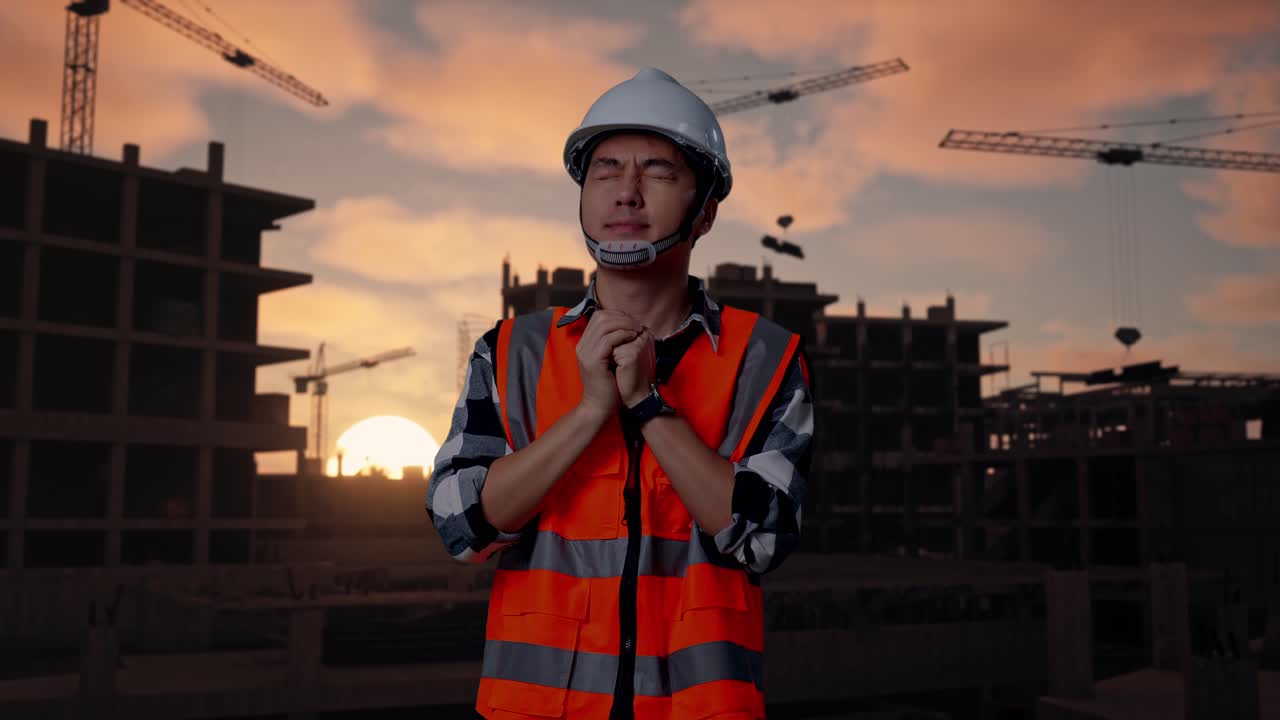 Asian Male Engineer With Safety Helmet Pray For Something While Standing At Building & Construction Site in Progress to New House