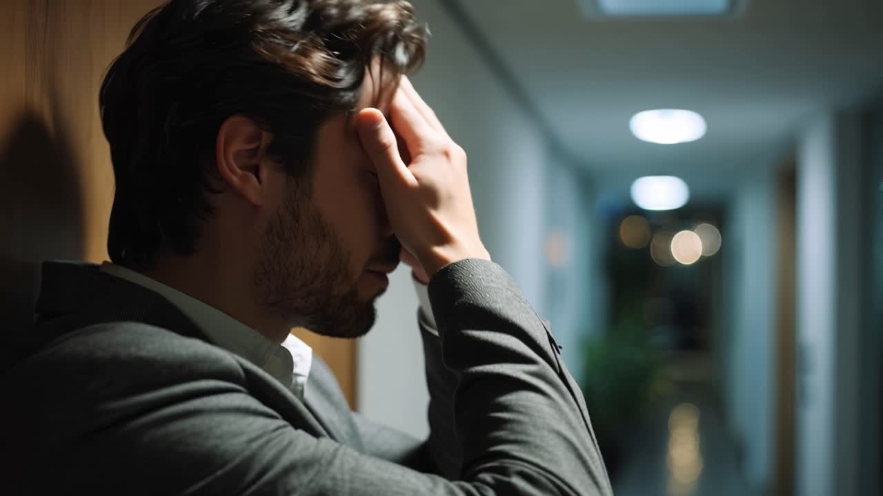 Man in suit, stressed, head in hands. He looks tired, overwhelmed. Hallway lights glow softly behind him. He stands alone, facing a problem. This scene fits corporate, personal struggle