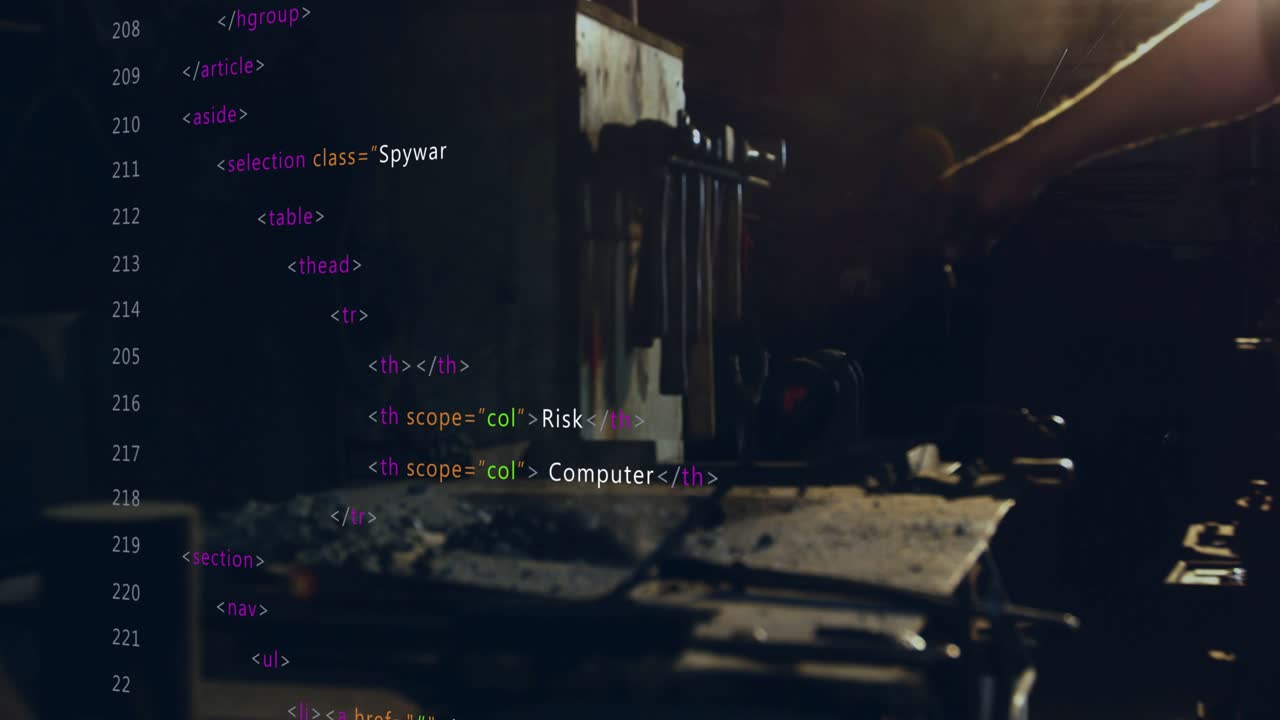 Male technician reaching across bench, adjusting motor and revealing scrolling cyber security code