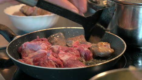 frying meat on the pan