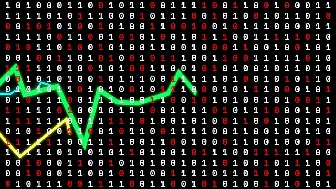 Binary code with fluctuating graph animation over black background