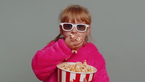 excited child girl kid eating popcorn, watch tv serial, sport game, film, online social media movie